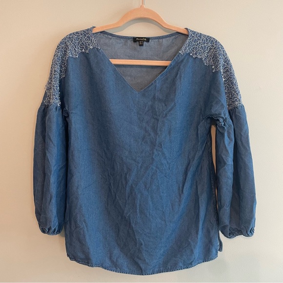 MASSIMO DUTTI Chambray Lace Balloon Sleeve Blouse - Blue Size 4 - Picture 3 of 12